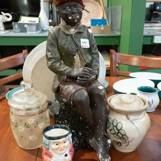 cast plaster seated figurine, 2x lidded storage containers, Shorter toby jug H460