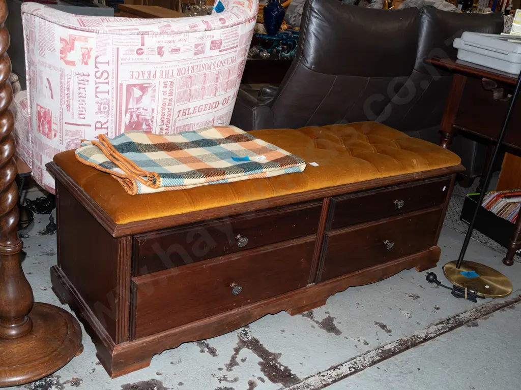 mahogany deep buttoned bench seat with 4 lower drawers H460 W1330 D450 Image 1++
