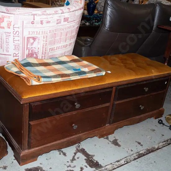 mahogany deep buttoned bench seat with 4 lower drawers H460 W1330 D450