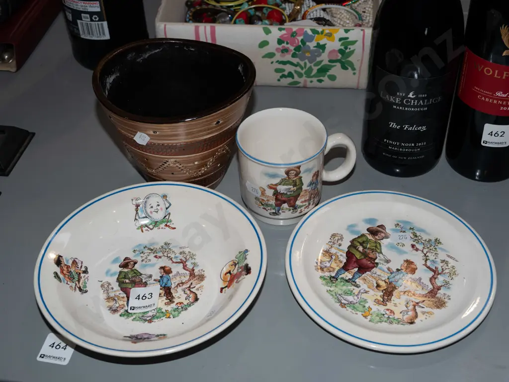 Crown Lynn nursery rhyme plate, bowl, cup, small German pottery jardiniere Image 1++