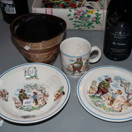 Crown Lynn nursery rhyme plate, bowl, cup, small German pottery jardiniere