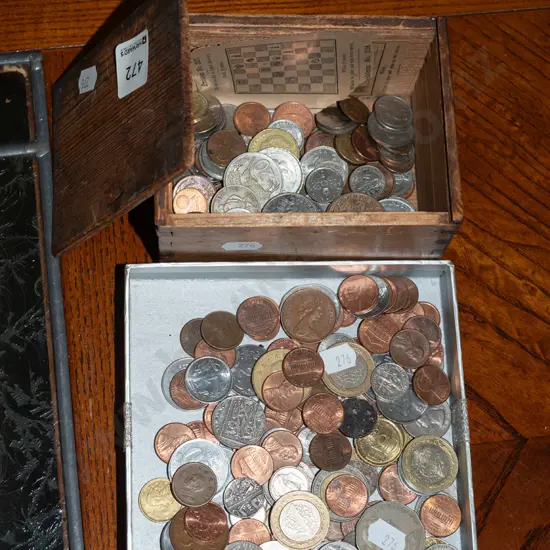 tray and box of coins