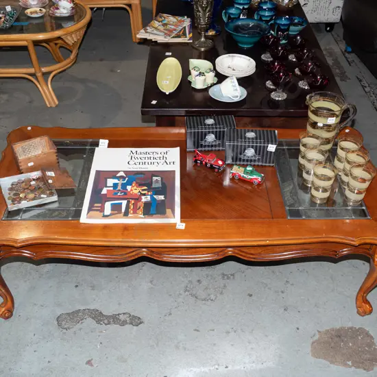 cab leg oak coffee table with 2 leadlight panels H420 W1340 D640