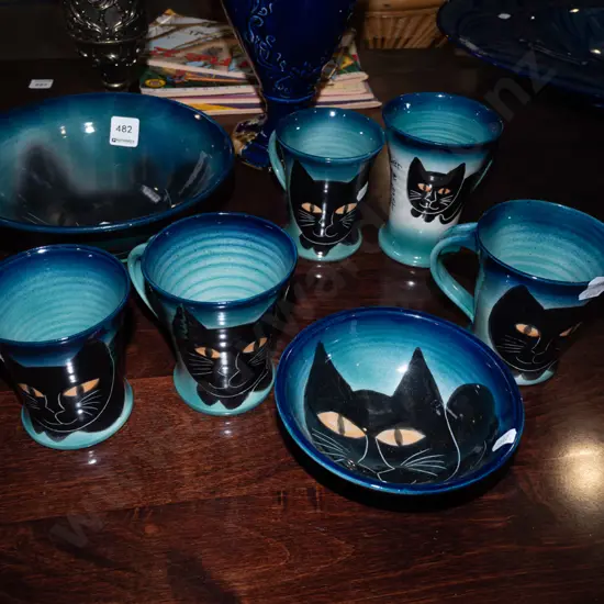 Sam Windslow pottery cat themed bowls and coffee cups