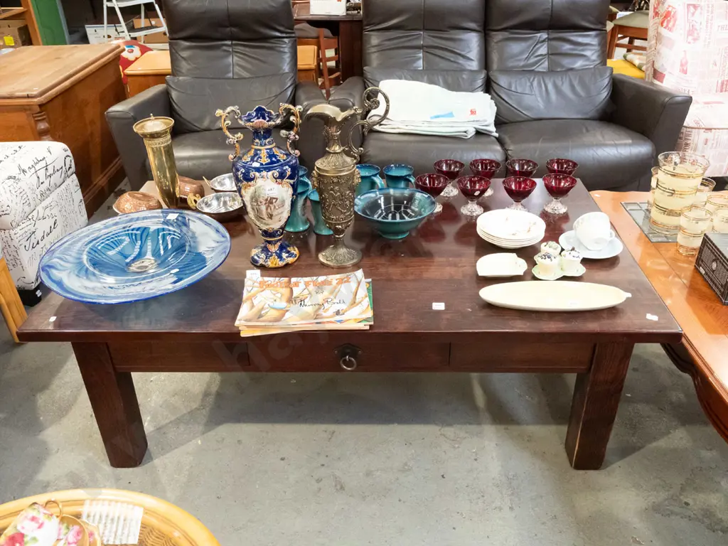 dark stained hardwood coffee table with drawer H460 W1375 D800 Image 1++