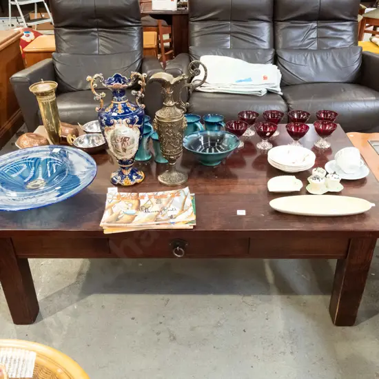 dark stained hardwood coffee table with drawer H460 W1375 D800