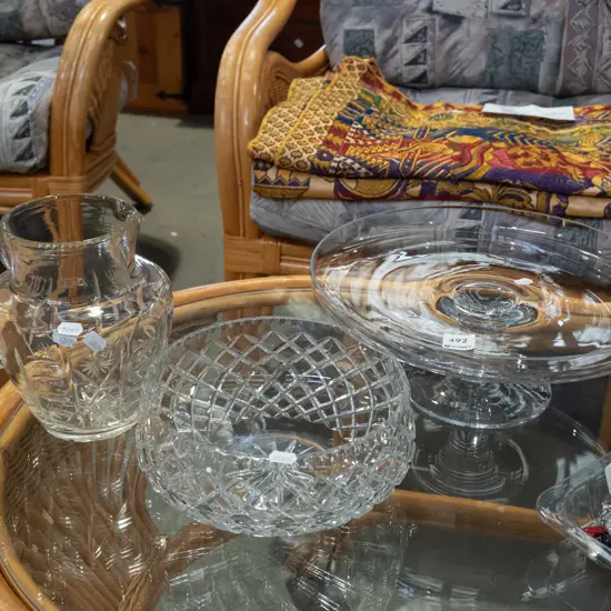 glass cake stand, crystal bowl, jug