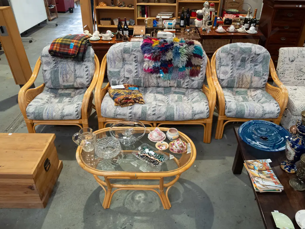 cane 4 piece patio suite - 1x 3 seater settee, 2x singles, glass top coffee table Image 1++
