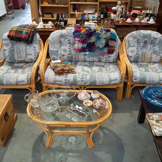 cane 4 piece patio suite - 1x 3 seater settee, 2x singles, glass top coffee table