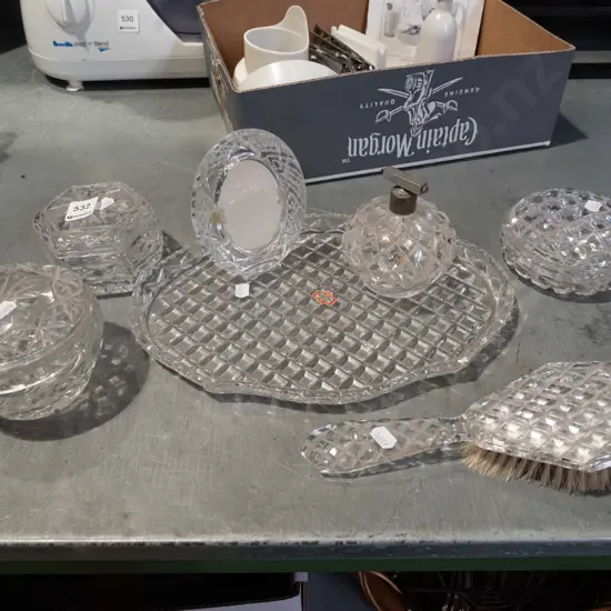 cut crystal dressing table set, photo frame, lidded canisters