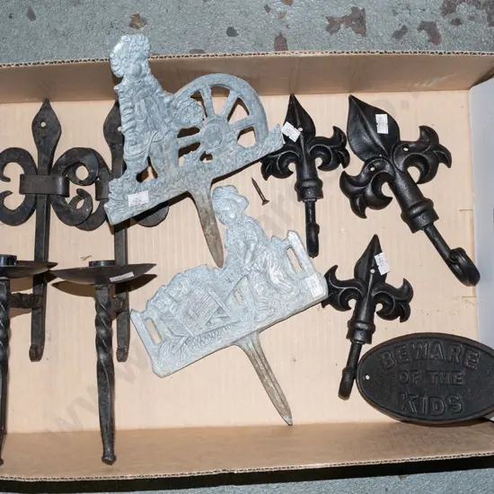 box; cast iron wall candle sconce, coat hooks etc
