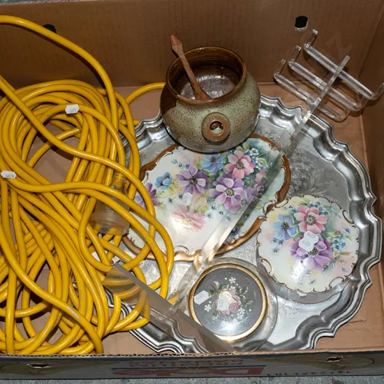 box; extension cords, perspex stand, plated tray etc