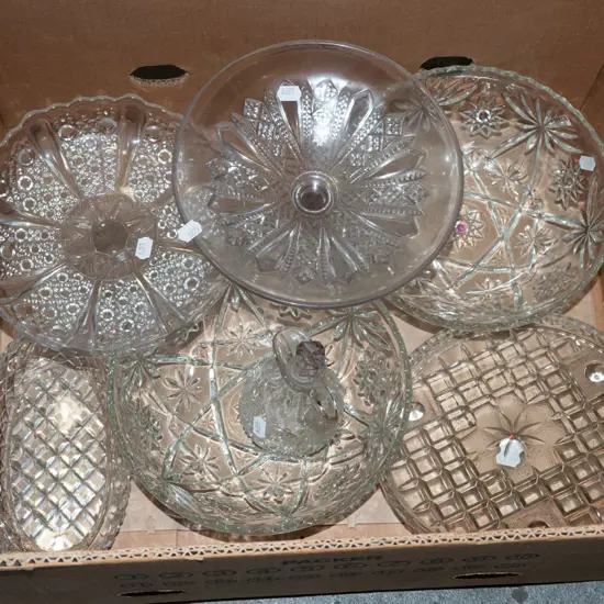box; cut crystal bowls, comports, vinegar jug etc