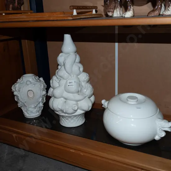 box; large lidded soup tureen, Italian white table lamp base, vase 