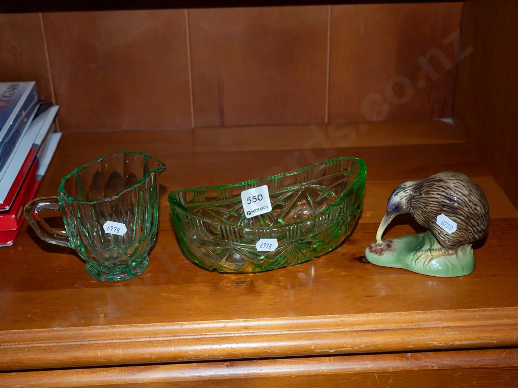 green glass jug, bowl, ceramic kiwi figurine Image 1++