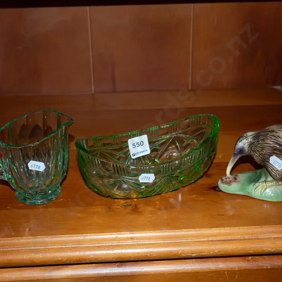 green glass jug, bowl, ceramic kiwi figurine