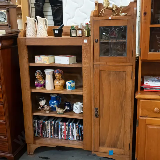 oak cupboard -1 solid door, 1 small leadlight door (crack) - orginal doors have been removed H1530 W1060 D300