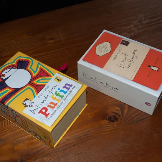 2 boxed sets of book cover design postcards - 100 Penguins and 100 Puffins