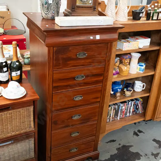 dark stained pine 6 drawer tall boy H1250 W580 D500