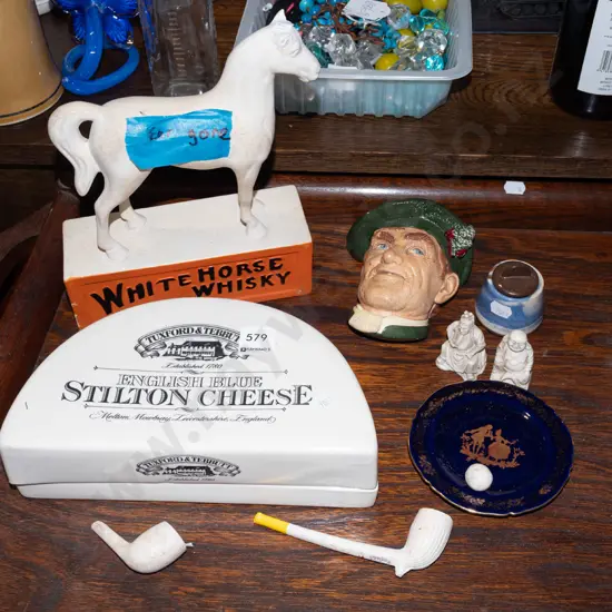 white horse whisky statue, stilton cheese cover dish etc