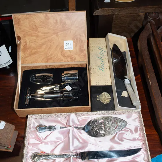 cased cake knife and server, presentation bottle opener etc