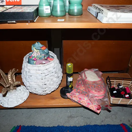 basket; slippers, lipsticks etc