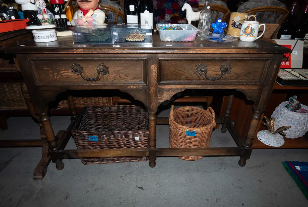 oak 2  drawer hall table - varnish needs attention H750 W1220 D430 Image 1++
