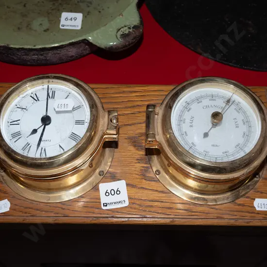 2x maritime themed port hole clock and barometer