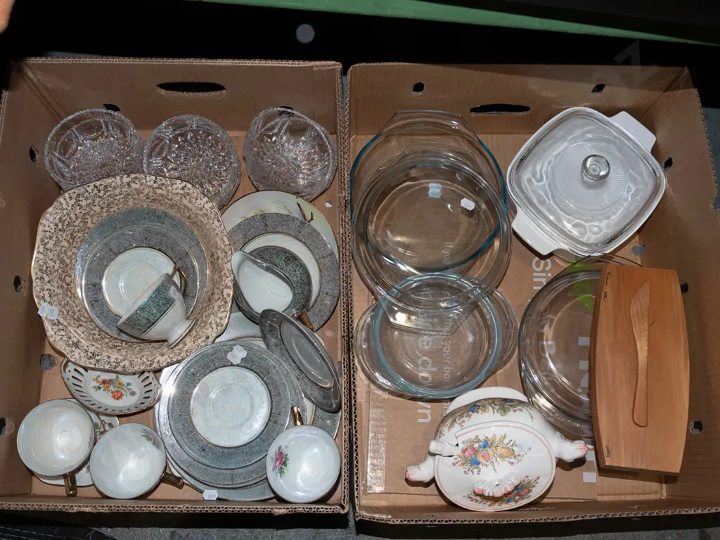 2x boxes; pyrex dishes, crystal sweet dishes, cups etc - orange dots Image 1++