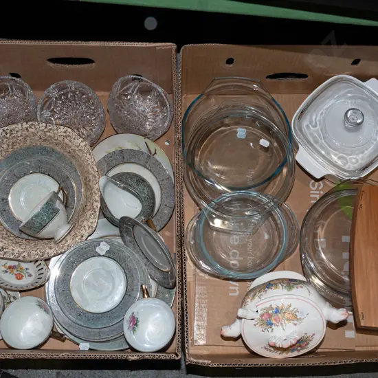 2x boxes; pyrex dishes, crystal sweet dishes, cups etc - orange dots