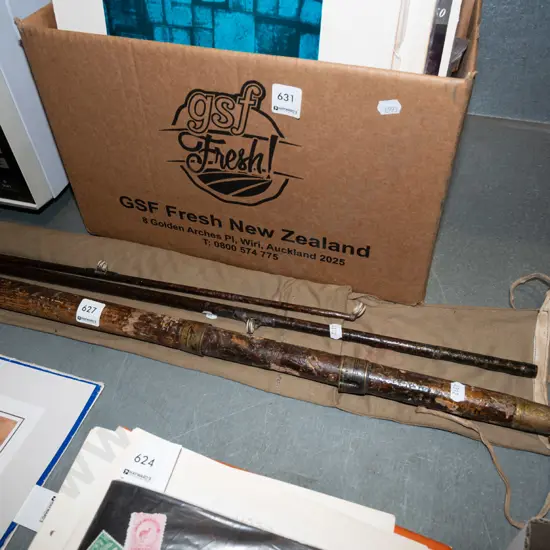 vintage cane fishing rod, canvas carry case