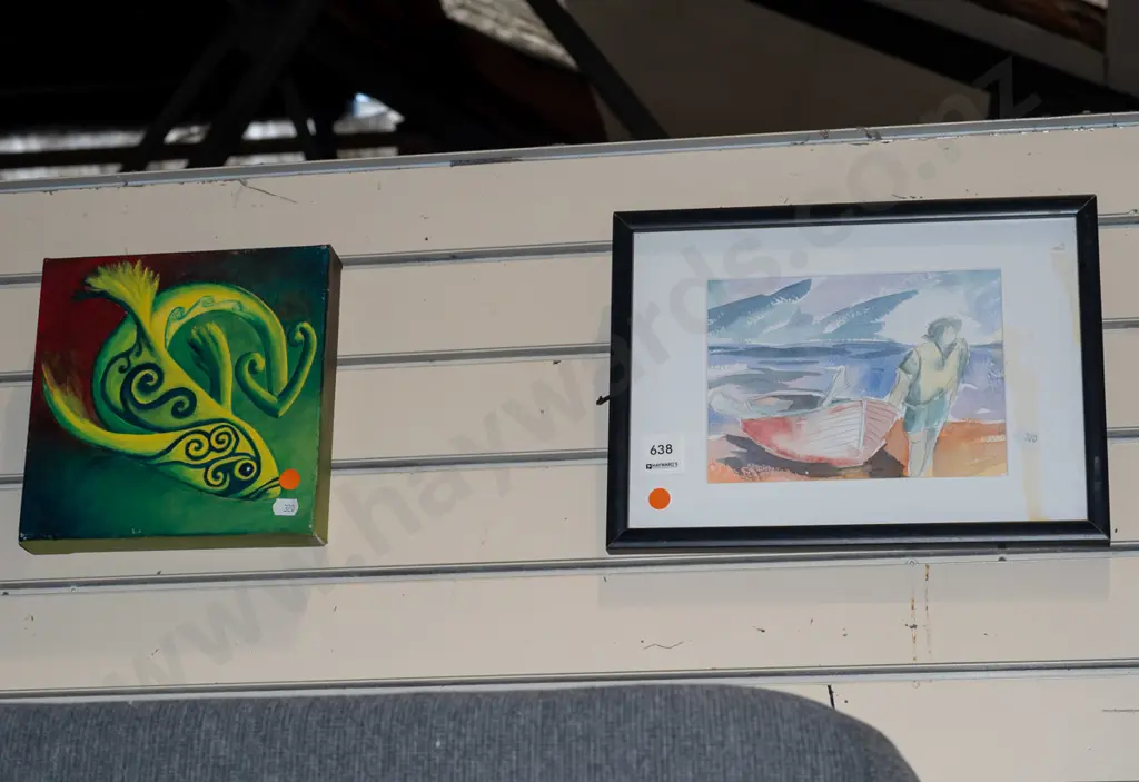 framed watercolour - boat on beach,  boxed oil - fish - orange dots Image 1++