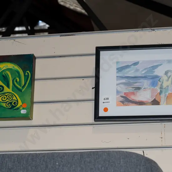 framed watercolour - boat on beach,  boxed oil - fish - orange dots
