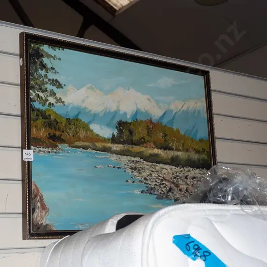 framed oil - river and mountain scene