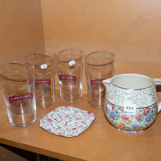 Emerson beer glasses, Empire jug, small Royal Winton dish