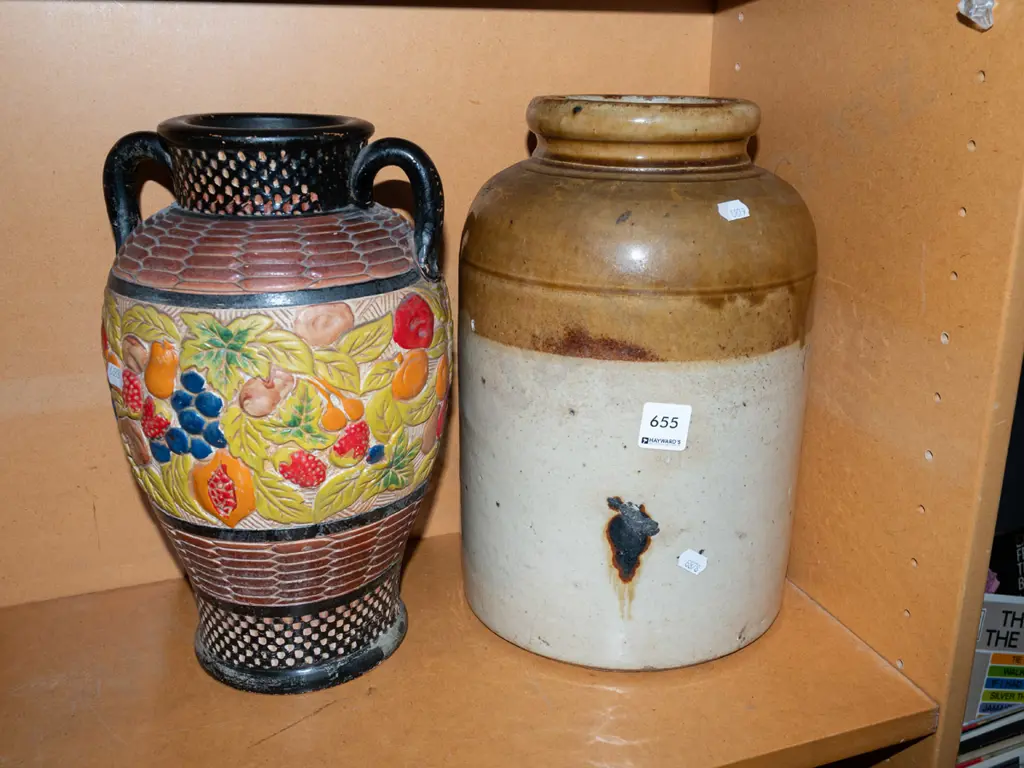 salt glazed storage crock, doubled vase Crock H32 Image 1++
