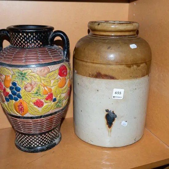 salt glazed storage crock, doubled vase Crock H32