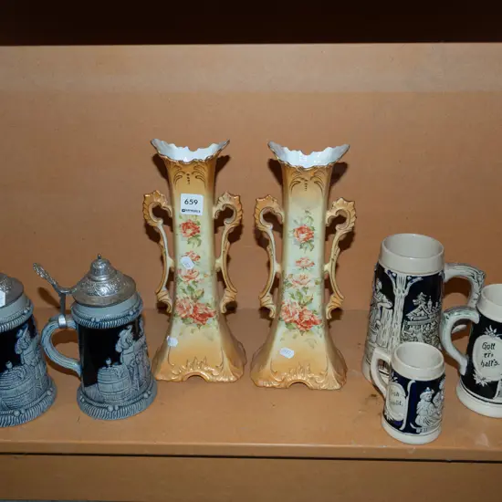 2x floral vases, beer steins, mugs Vase H300