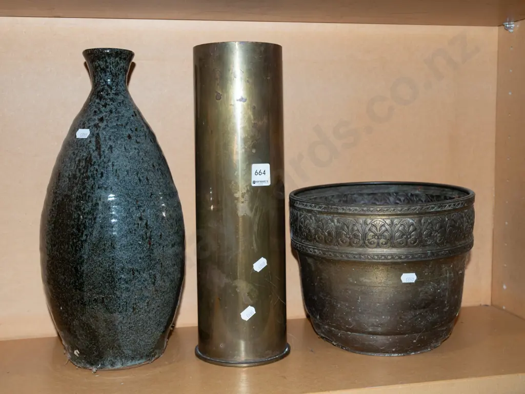 brass jardiniere, millitary shell , pottery vase Shell H370 Image 1++