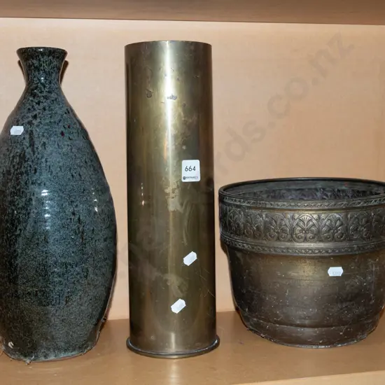 brass jardiniere, millitary shell , pottery vase Shell H370