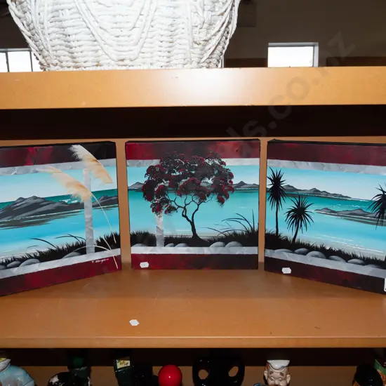 boxed oil triptych on canvas - coastal scene