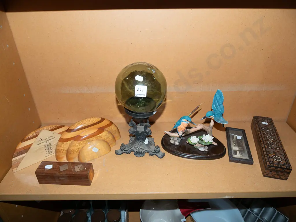 shelf; green glass ball on cast iron stand, bookends, bird figurine etc Image 1++