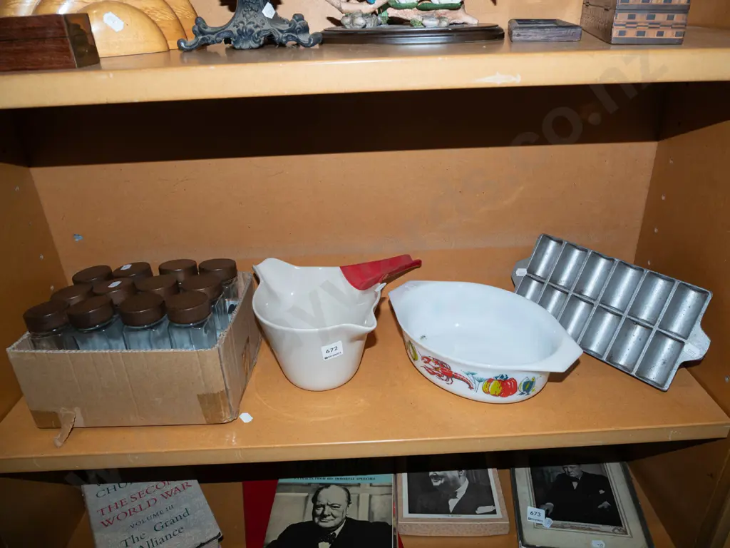 shelf; retro pyrex dish, gem iron, pourer pot etc Image 1++