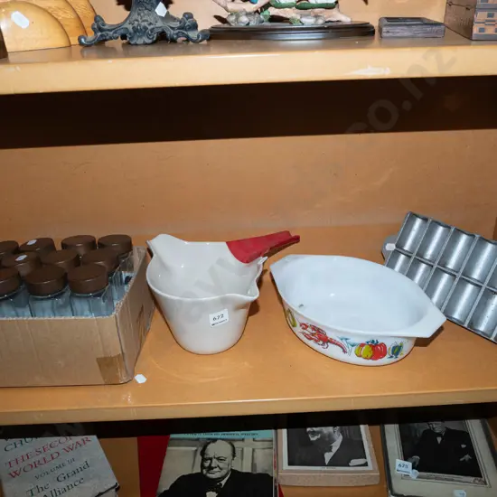 shelf; retro pyrex dish, gem iron, pourer pot etc