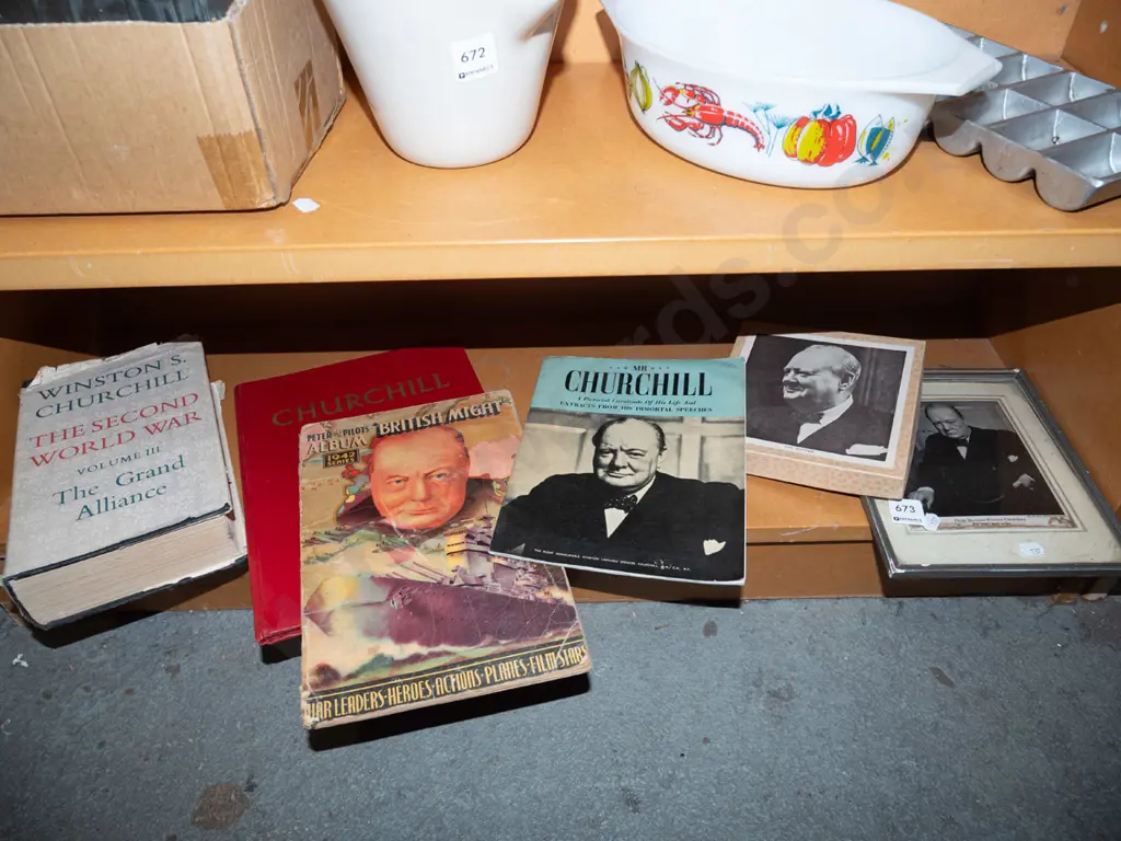 Winston Churchill memorabilia; book, magazines, framed photograph Image 1++