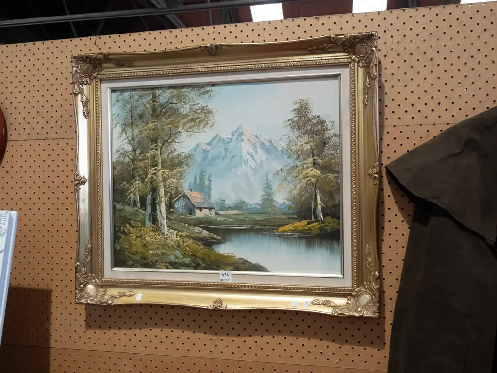 gilt framed oil - lake and mountain scene Image 1++