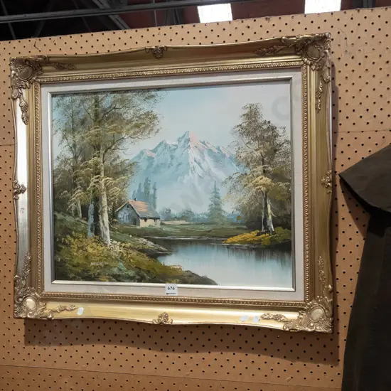 gilt framed oil - lake and mountain scene