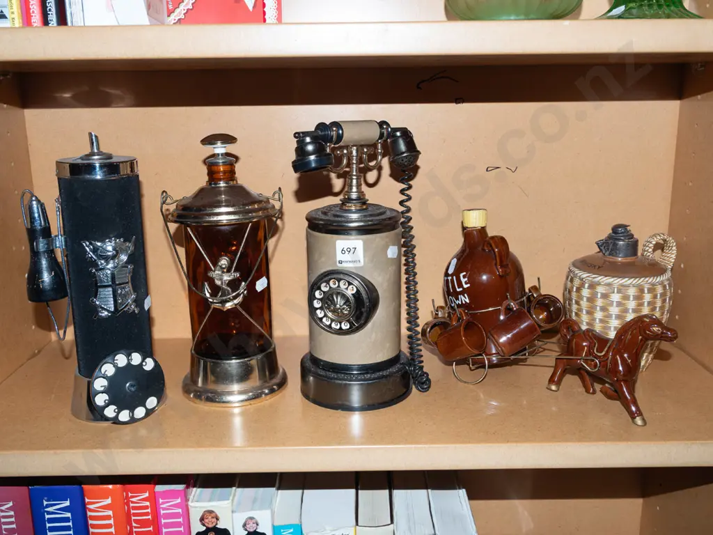 shelf; , 3x musical decanters, whisky jug etc Image 1++