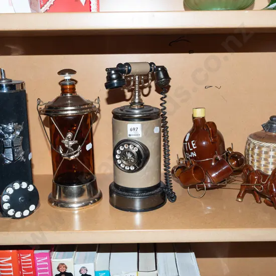 shelf; , 3x musical decanters, whisky jug etc
