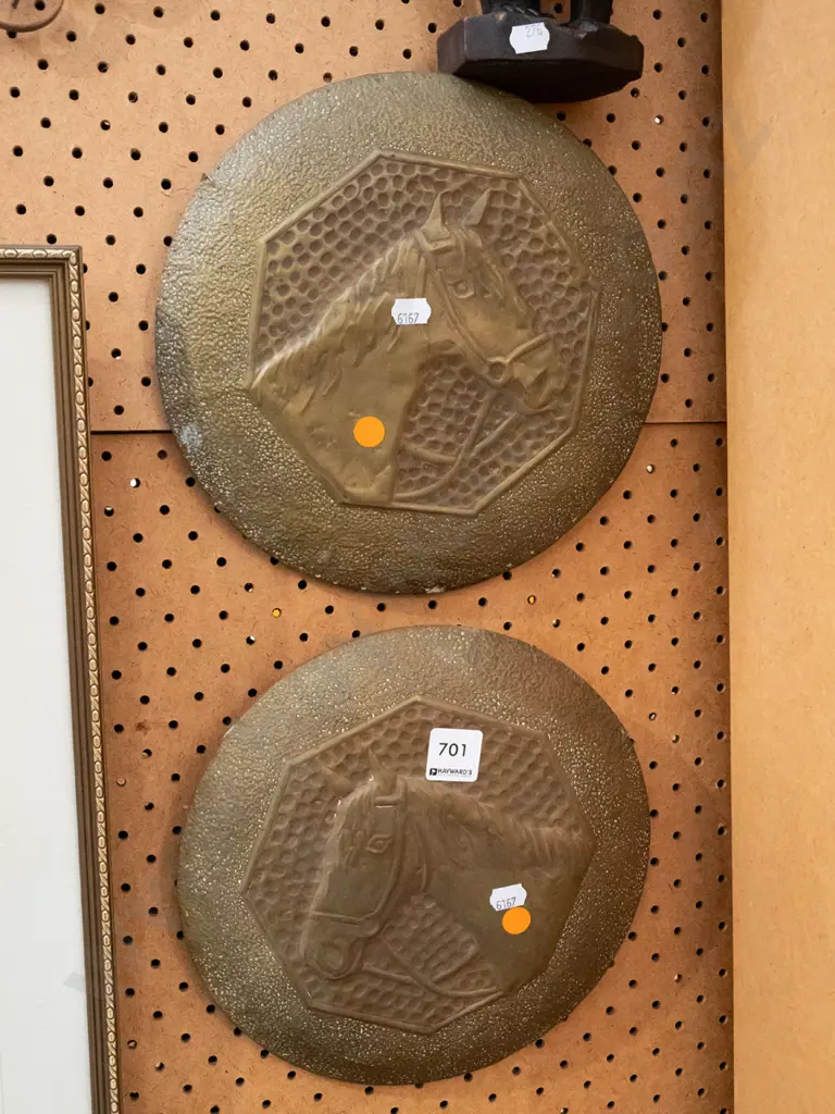 2x pressed brass wall chargers - orange dots Image 1++